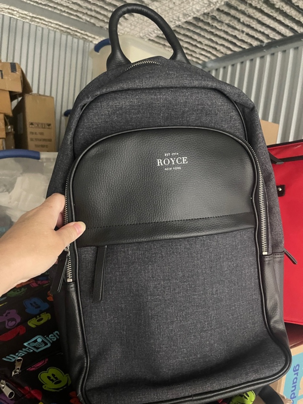 ROYCE New York Black and Gray Men's Backpack with Leather Front Pocket